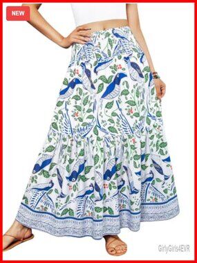 Women's Boho Elastic High Waist Pleated A-Line Flared Maxi Skirt